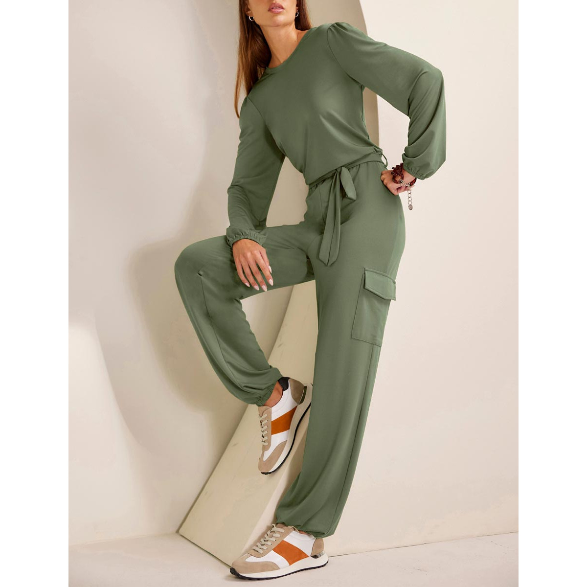 Jersey jumpsuit with cargo-pockets khaki