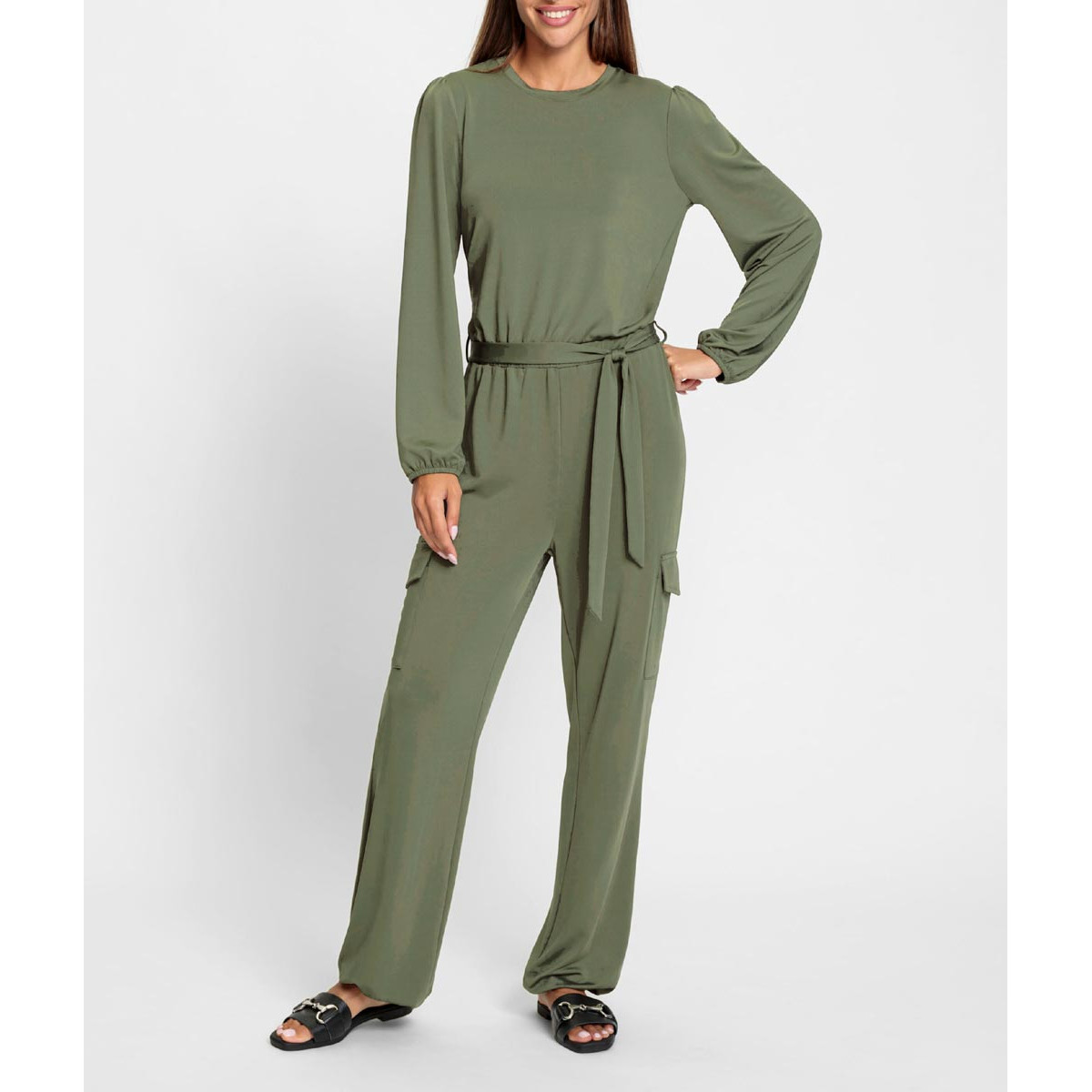 Jersey jumpsuit with cargo-pockets khaki