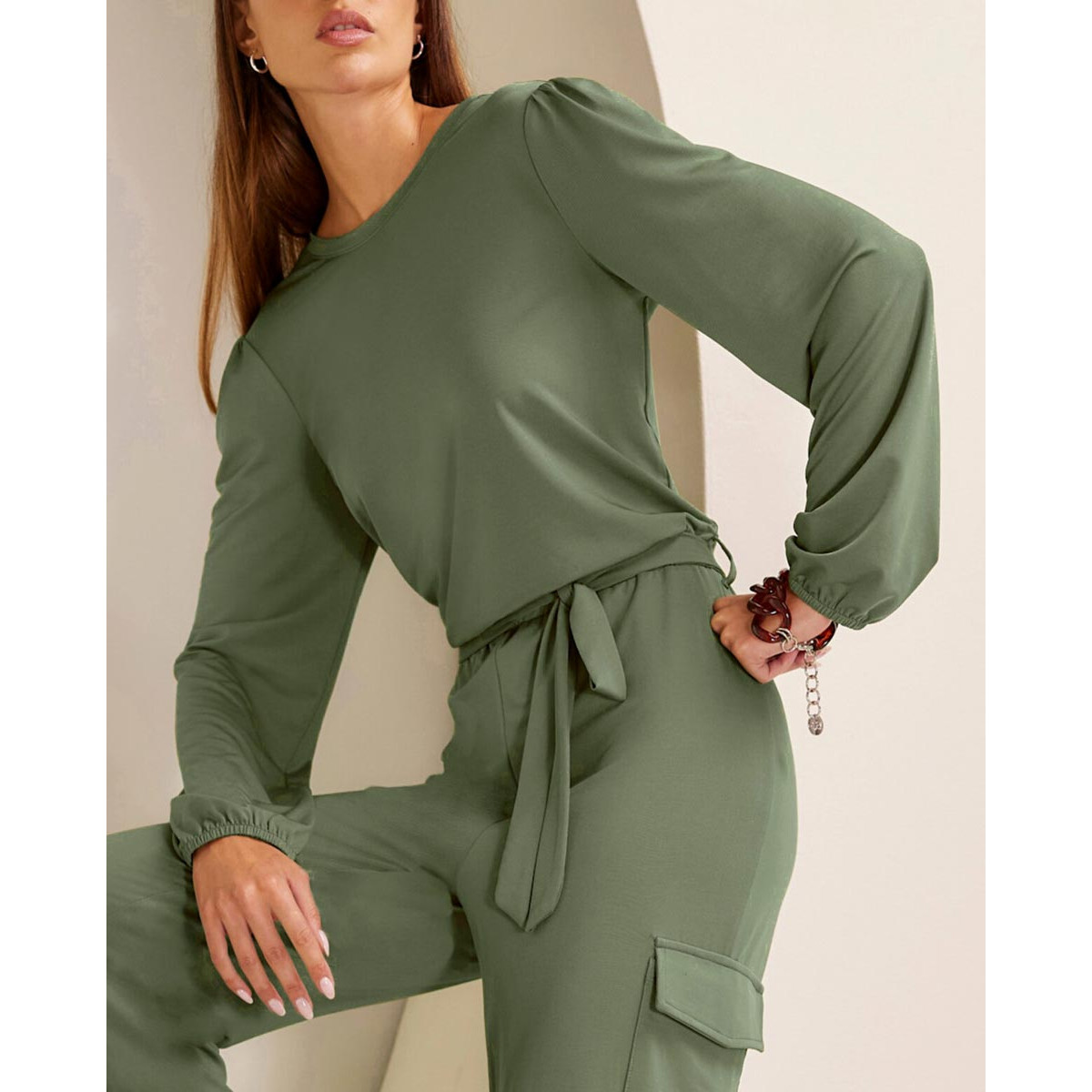 Jersey jumpsuit with cargo-pockets khaki