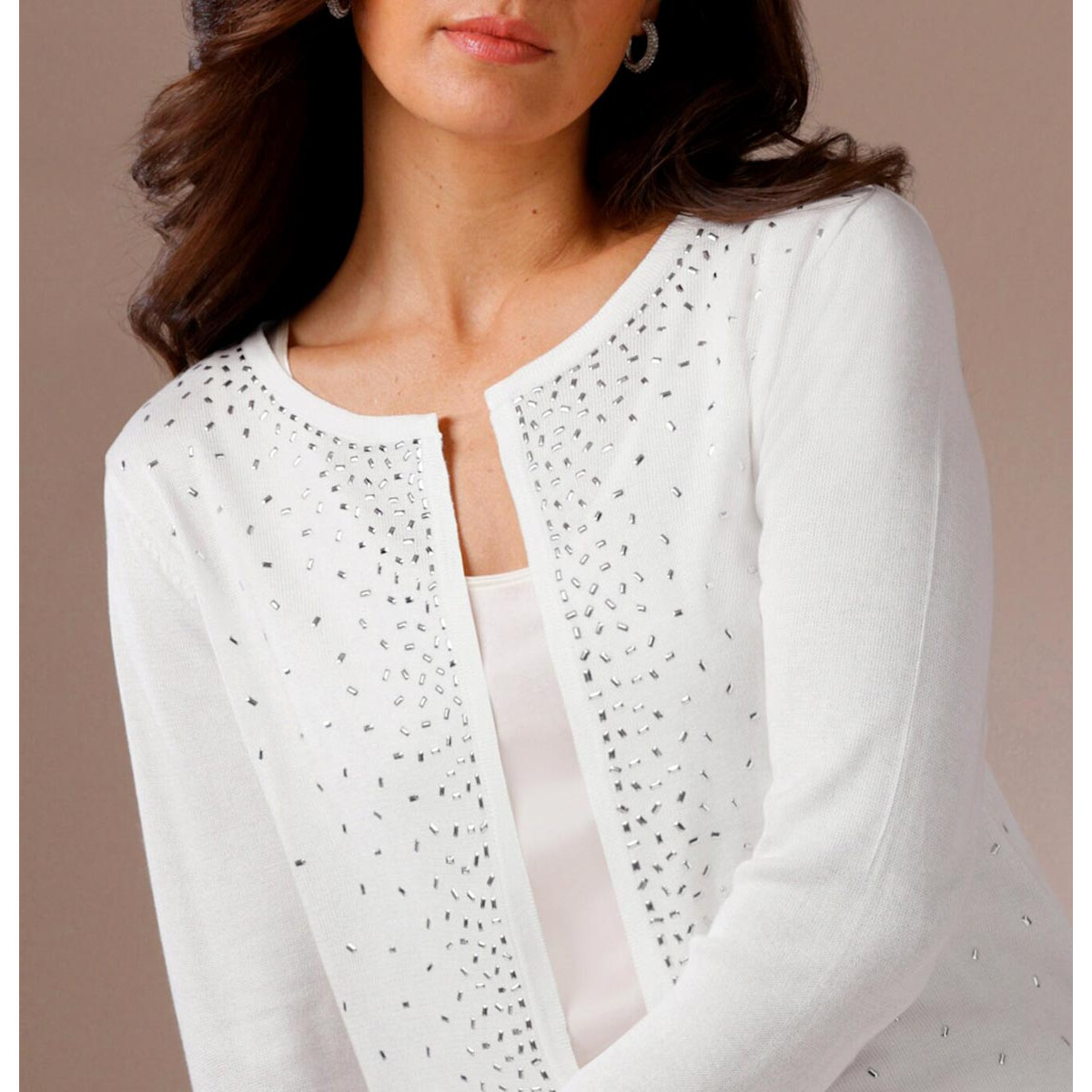 Lyocell-Mix-Strickjacke m. Glitzersteinchen ecru