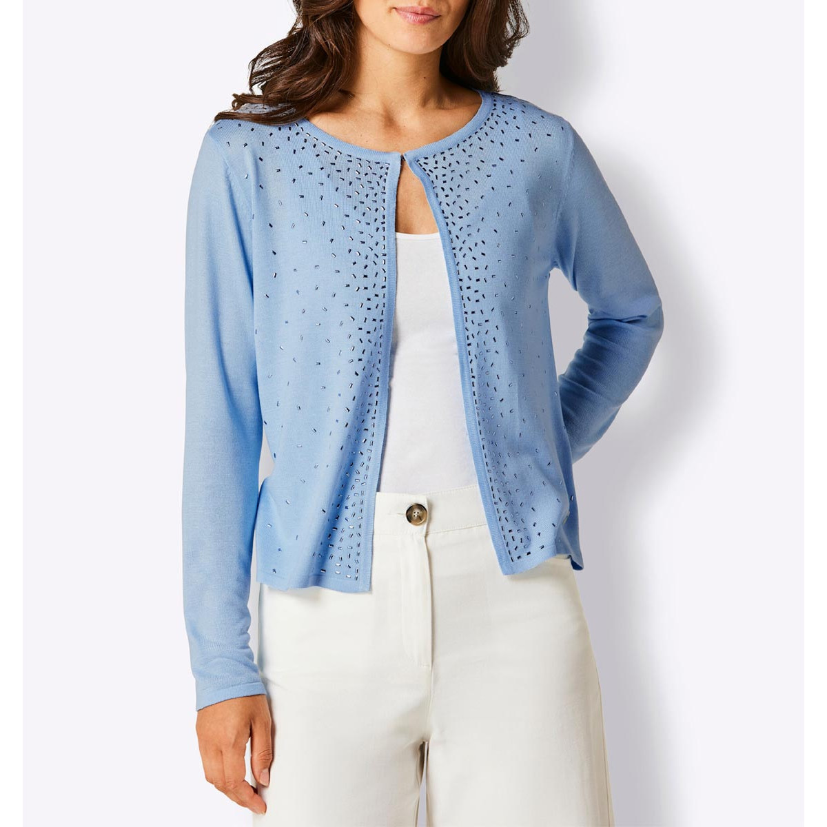 Lyocell-Mix-Strickjacke m. Glitzersteinchen hellblau
