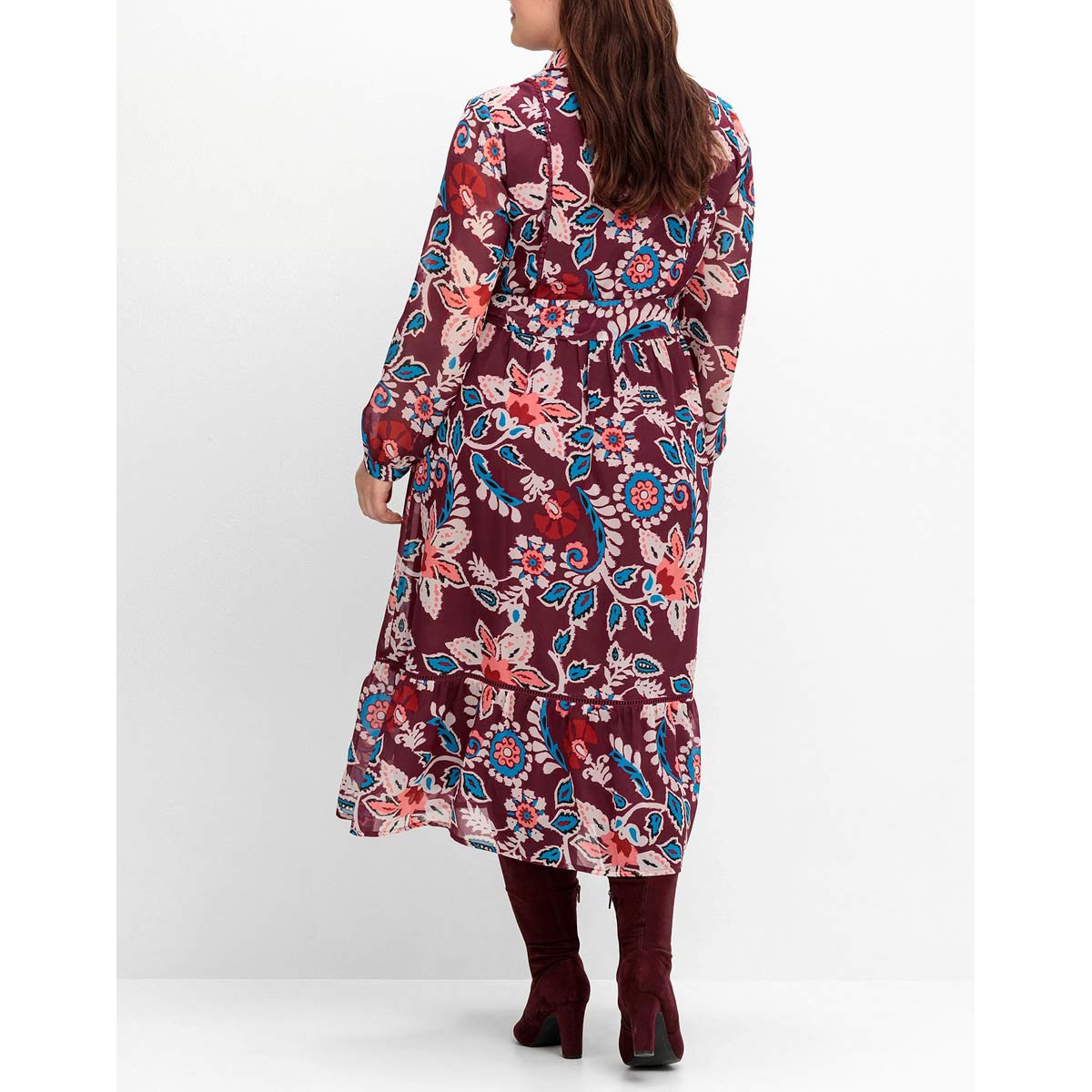 Marken-Chiffonkleid m.Spitzendetails und Volant rot-bunt