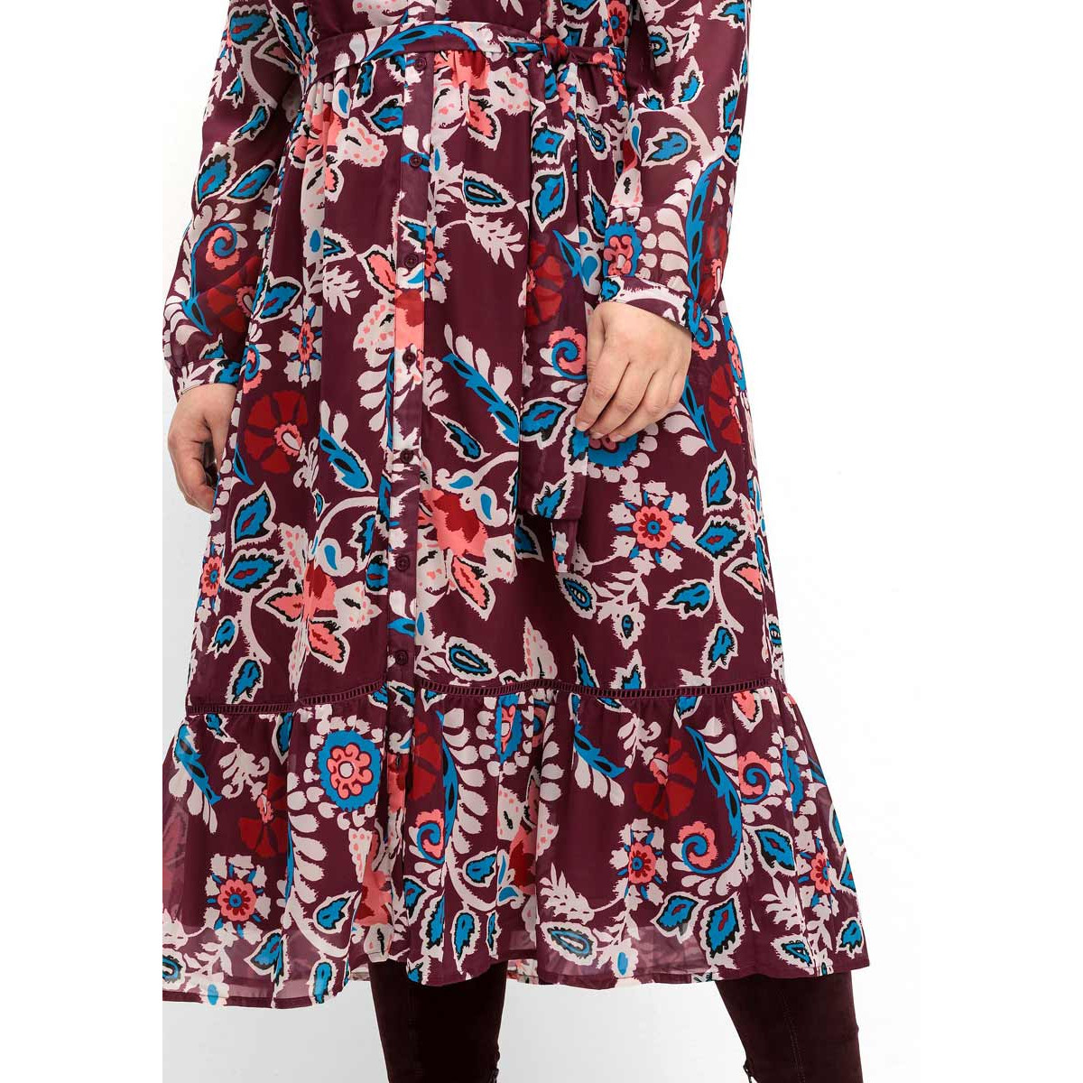 Marken-Chiffonkleid m.Spitzendetails und Volant rot-bunt