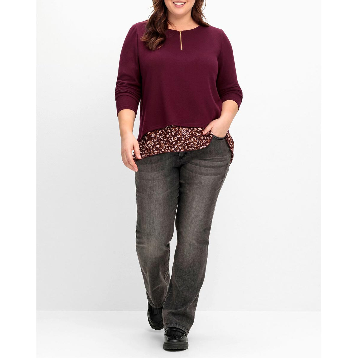 2-in-1 Shirt m. Chiffonfutter weinrot