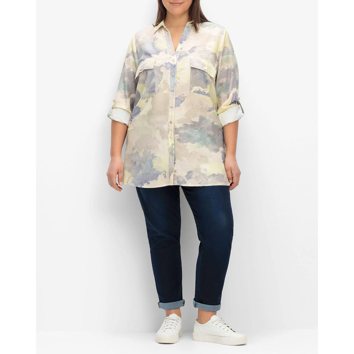 Batikoptik-Longbluse hellbeige-blau