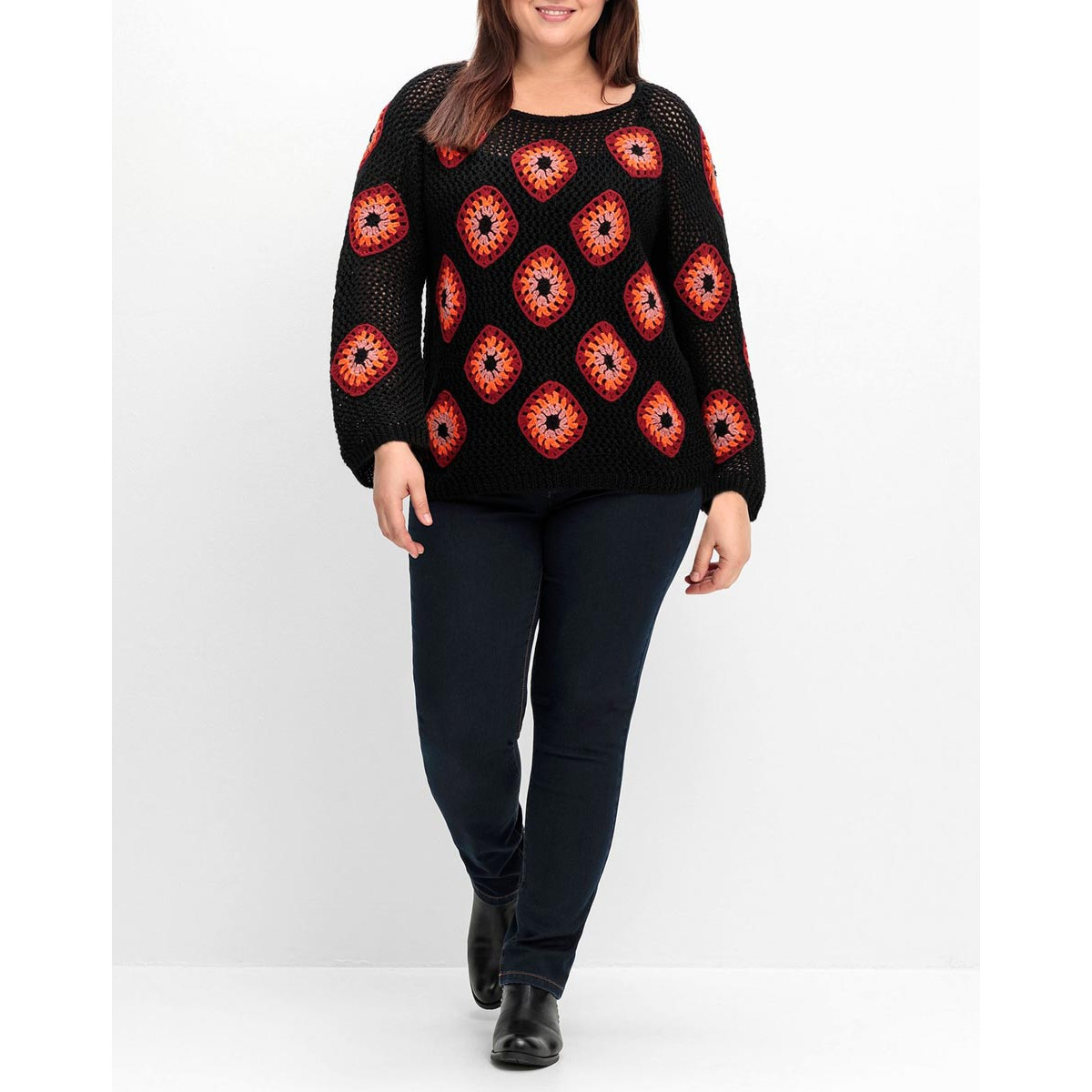 Marken-Crochetmuster-Pullover schwarz-bunt