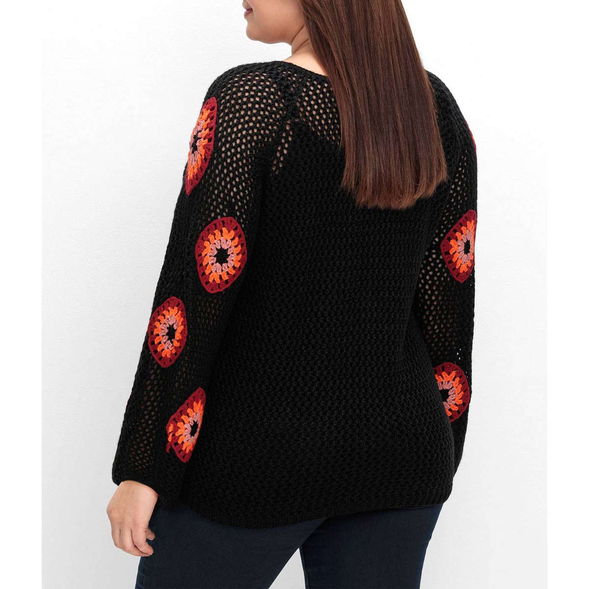 Marken-Crochetmuster-Pullover schwarz-bunt