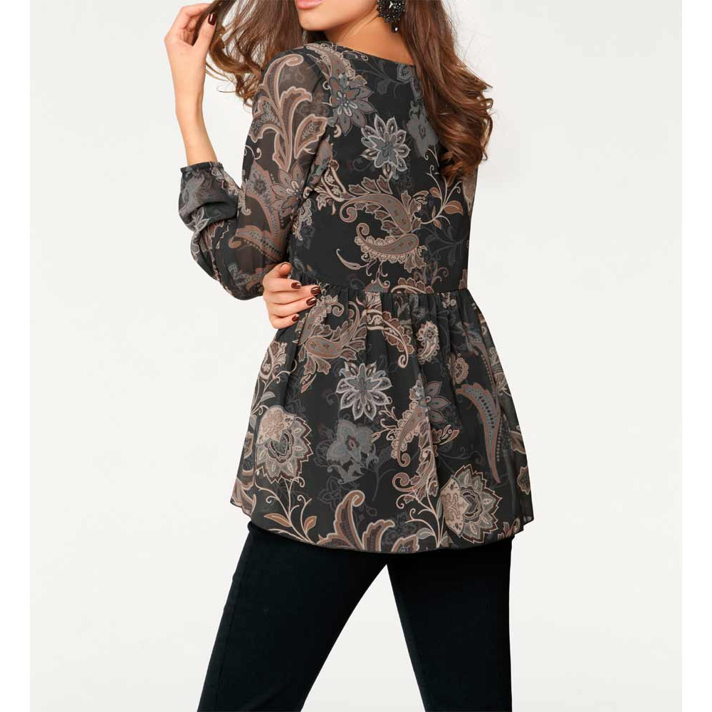 Chiffon-Druckbluse schwarz-camel