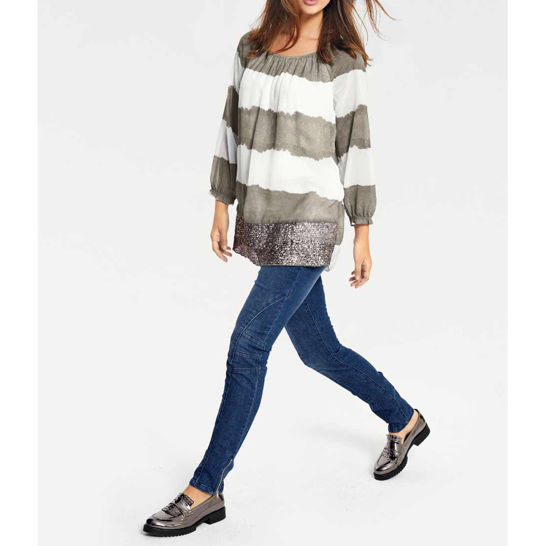 Chiffonbluse khaki-weiß