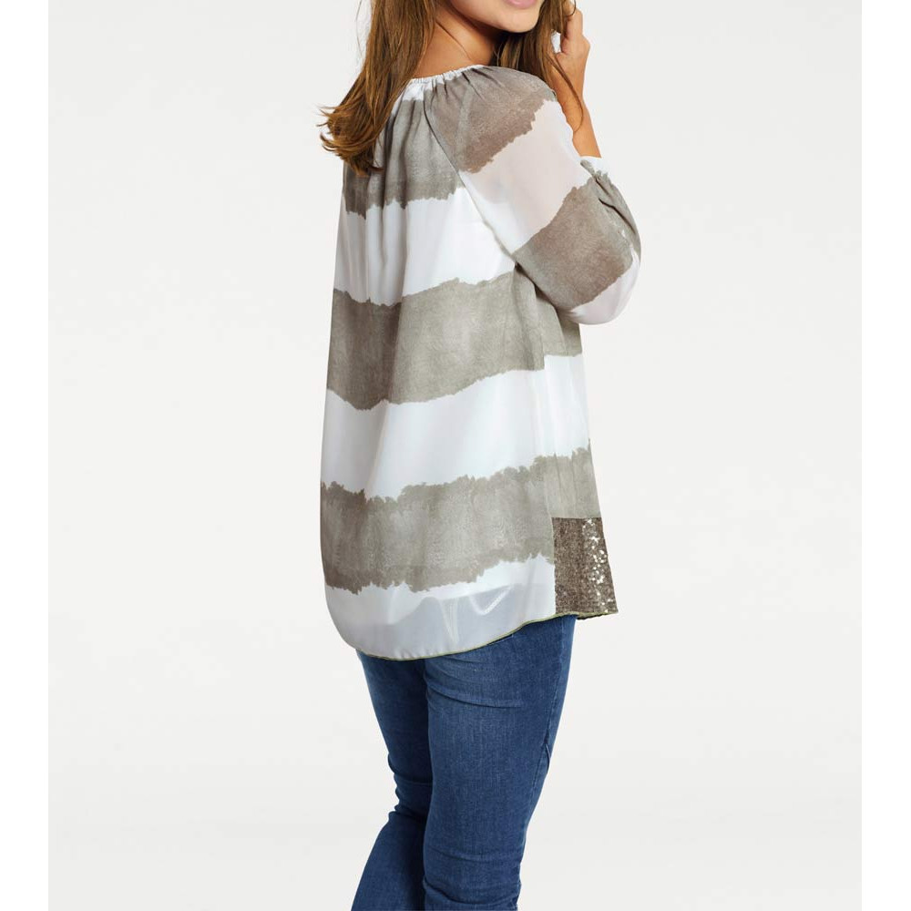 Chiffonbluse khaki-weiß
