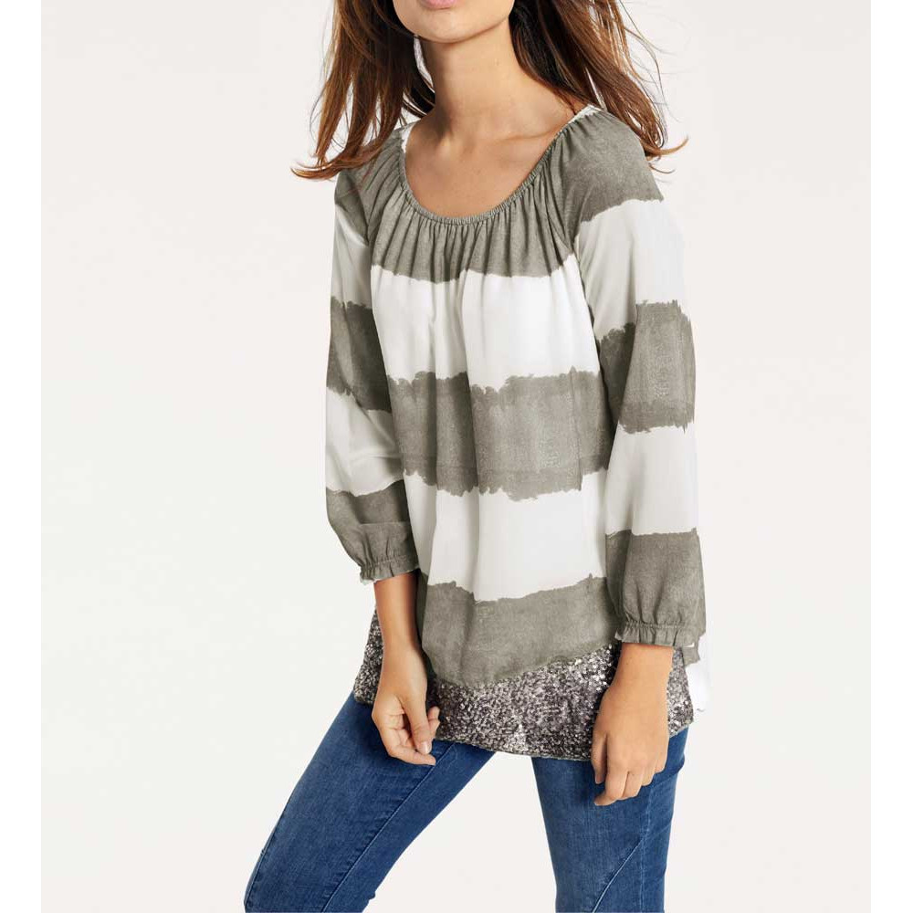 Chiffonbluse khaki-weiß
