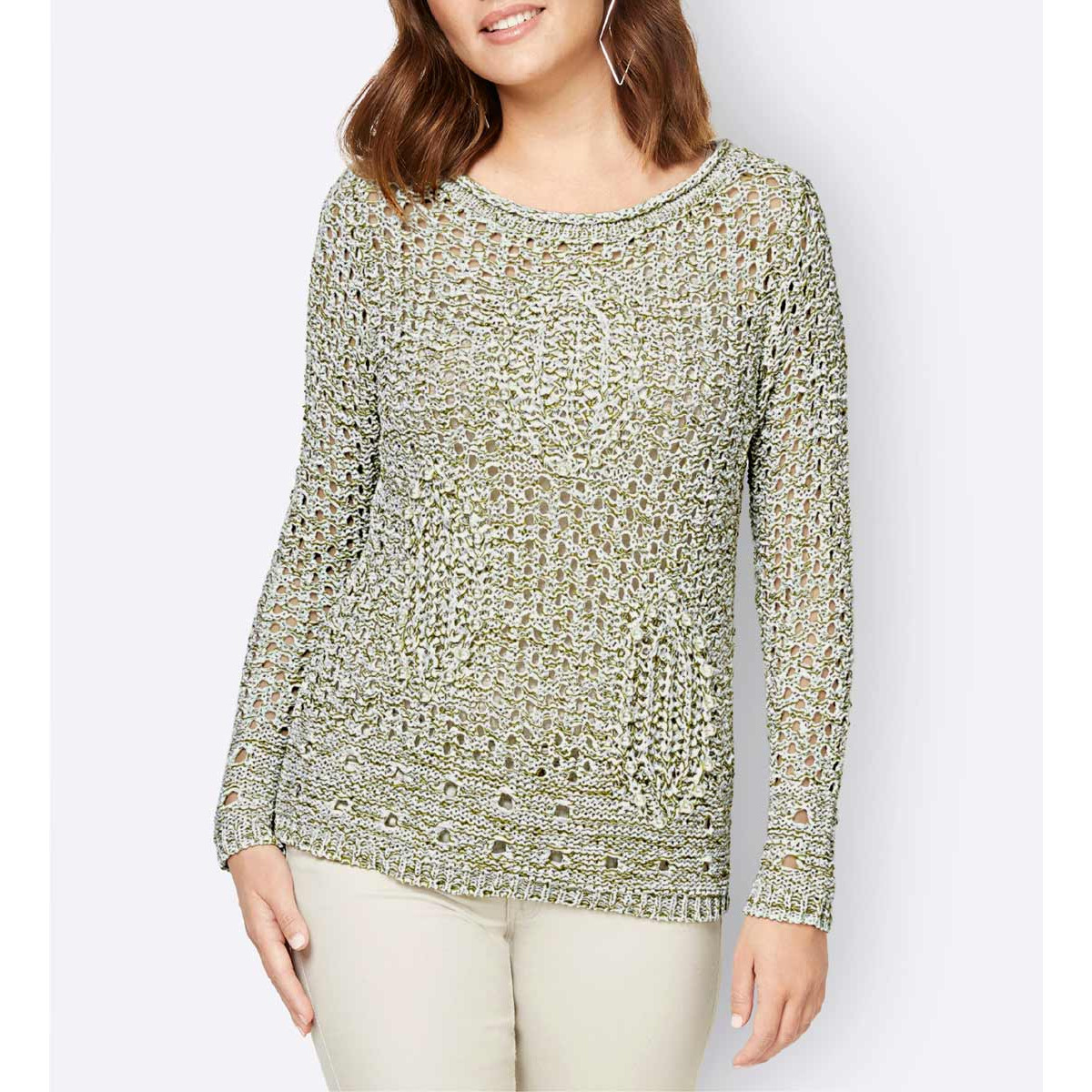 Bändchengarn-Ajourpullover m. Zierperlen ecru-grün