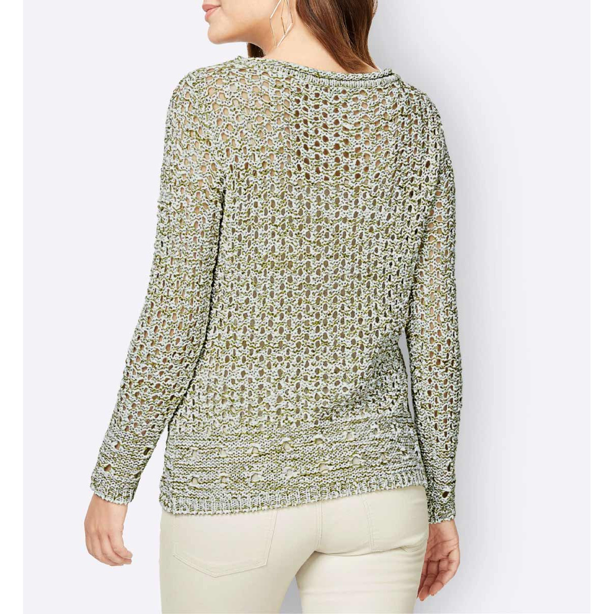 Bändchengarn-Ajourpullover m. Zierperlen ecru-grün