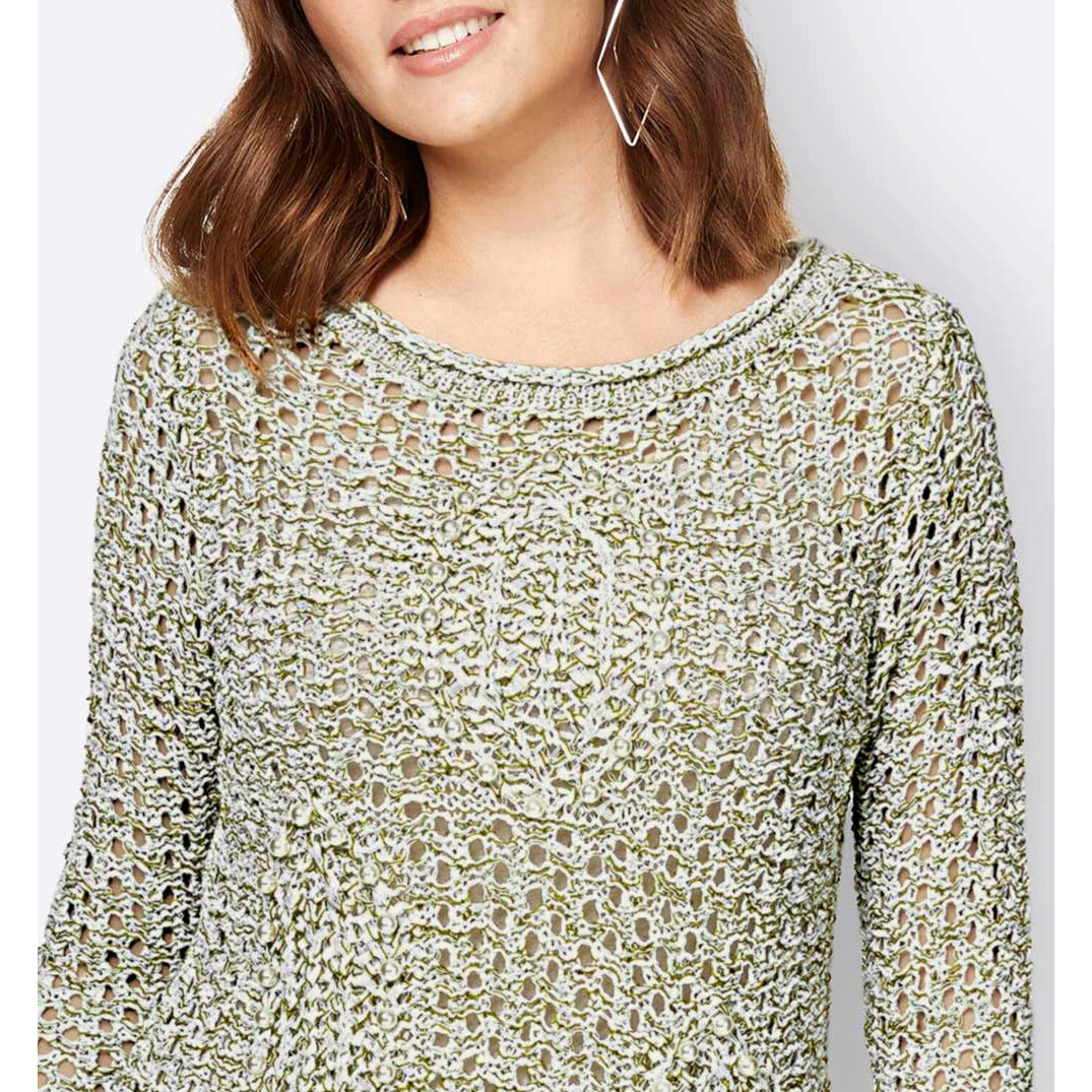 Bändchengarn-Ajourpullover m. Zierperlen ecru-grün