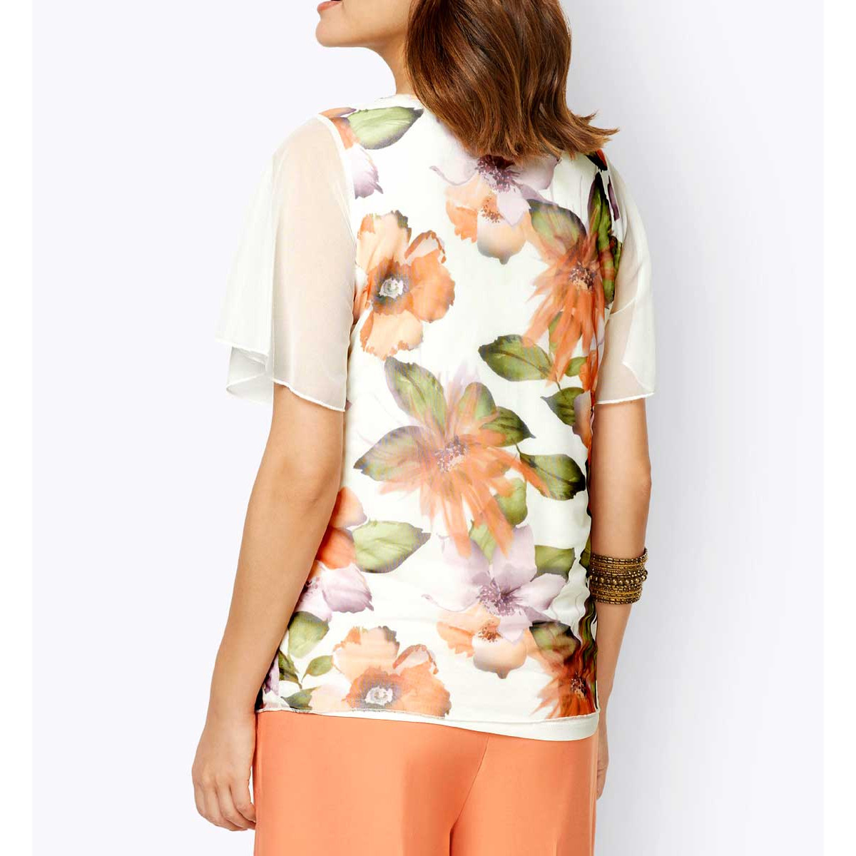 Doppellagiges-Druckshirt ecru-apricot-grün