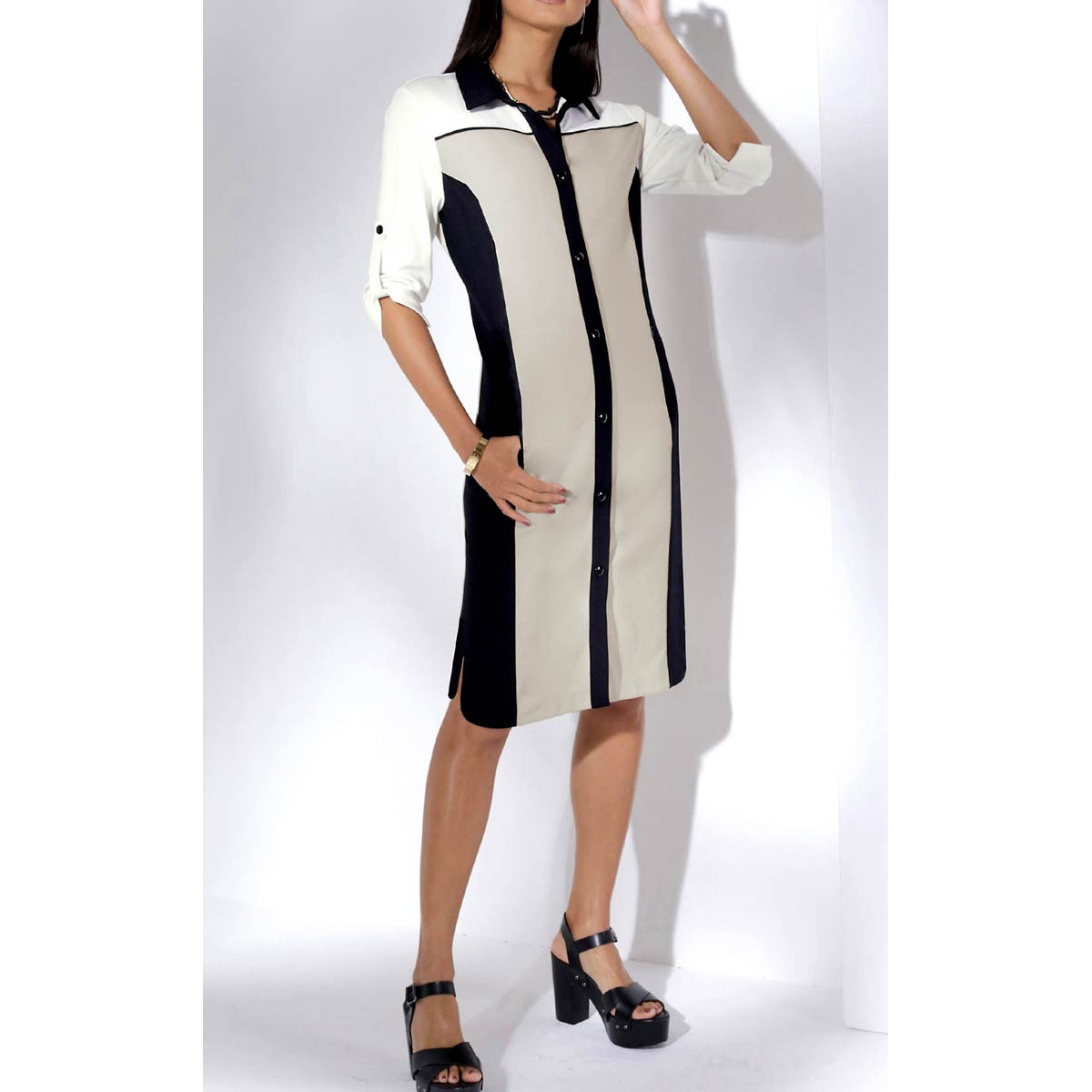 Jerseykleid m. Krempelärmeln schwarz-sand