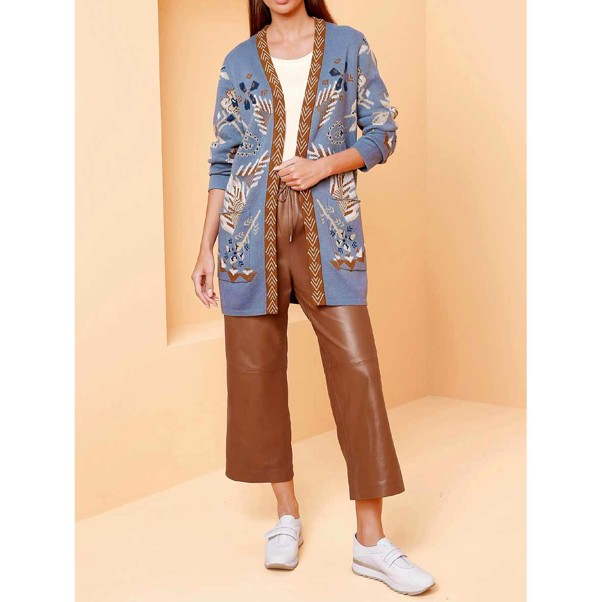Designer-Jacquard-Strickjacke blau-bunt