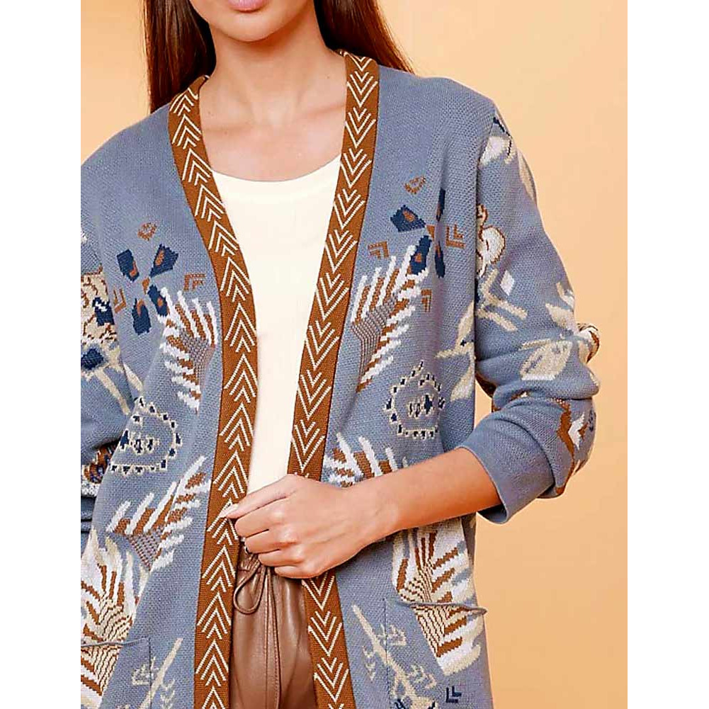 Designer-Jacquard-Strickjacke blau-bunt