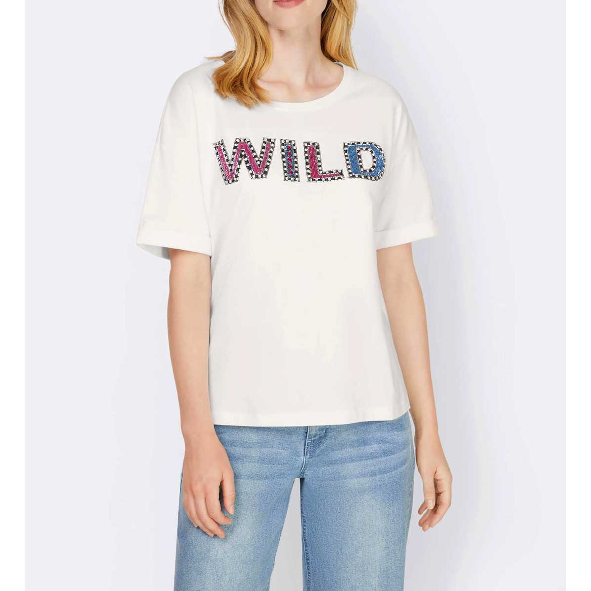 Designer-Shirt m. Perlen weiß