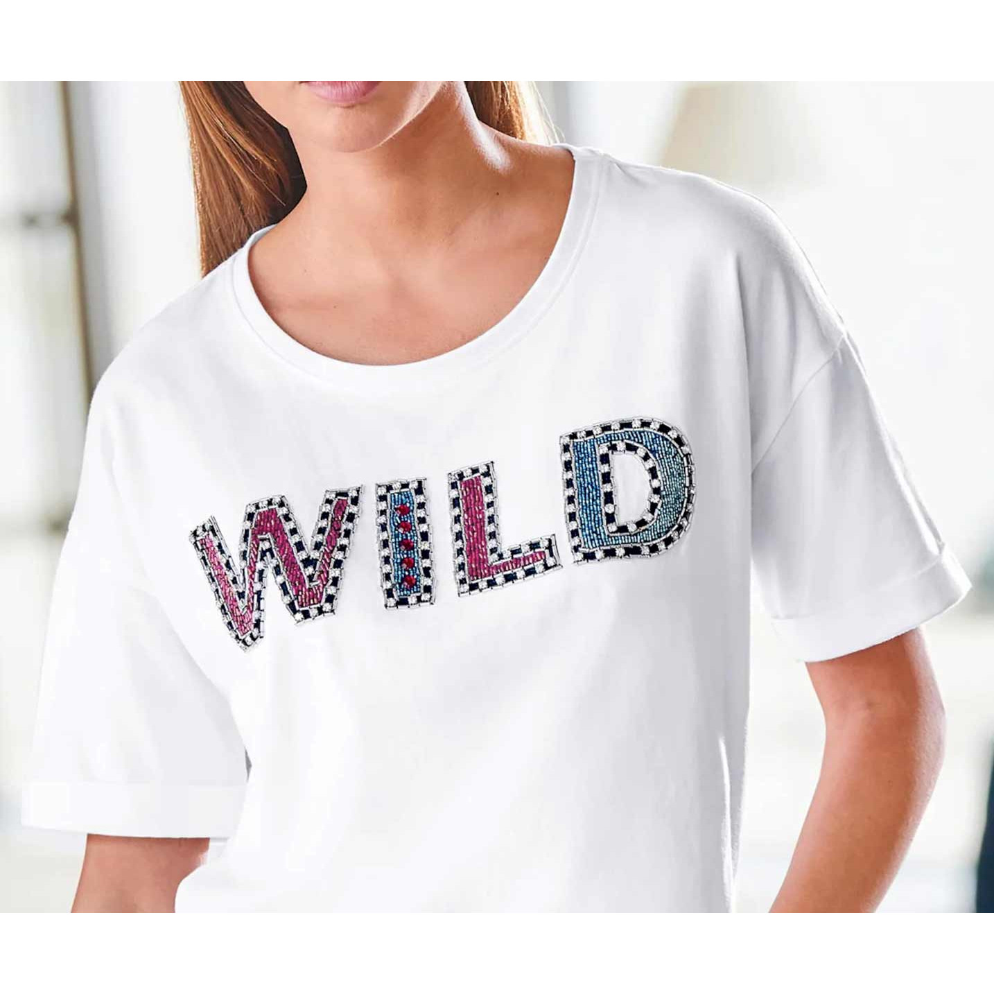 Designer-Shirt m. Perlen weiß