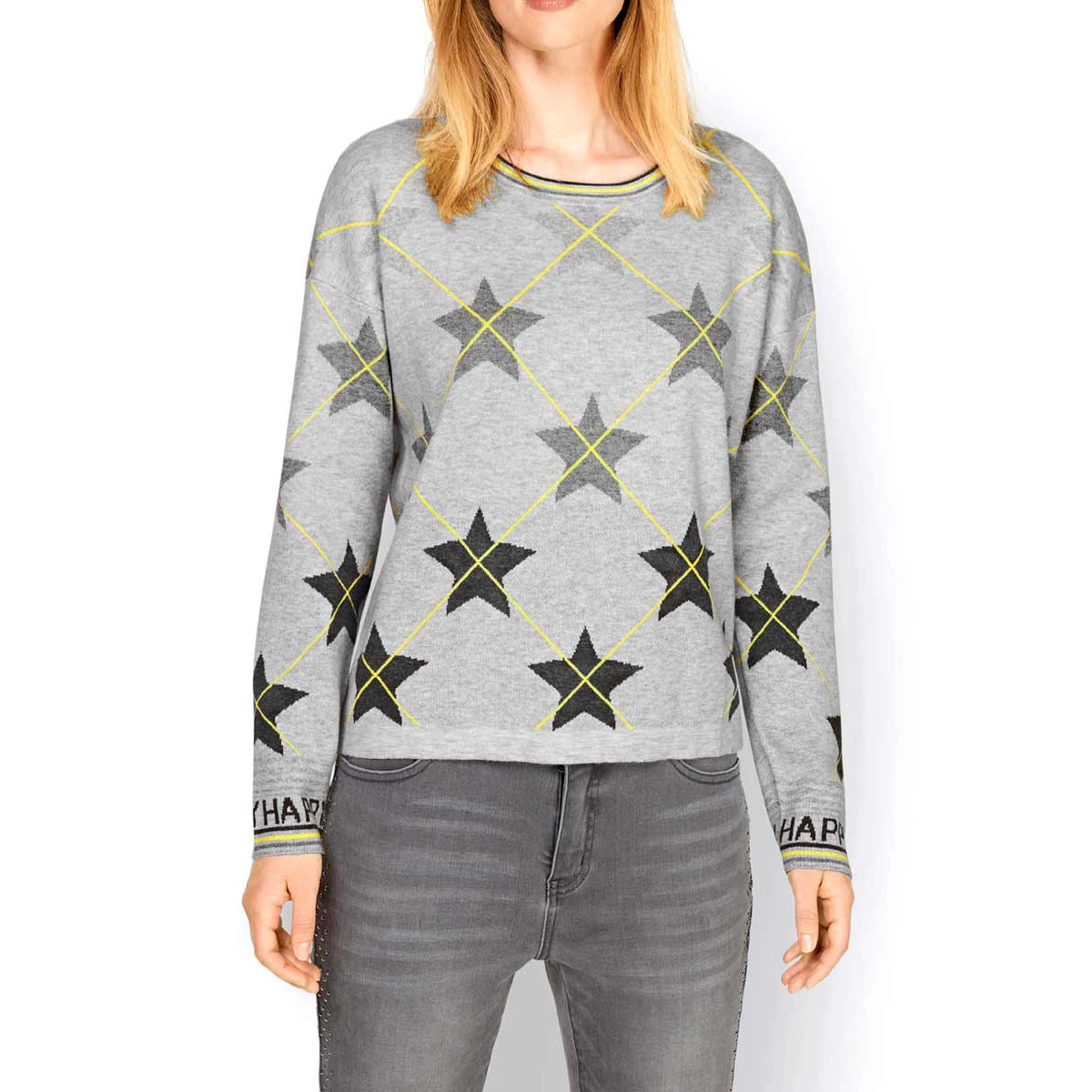 Designer-Jacquard-Pullover hellgrau-limone