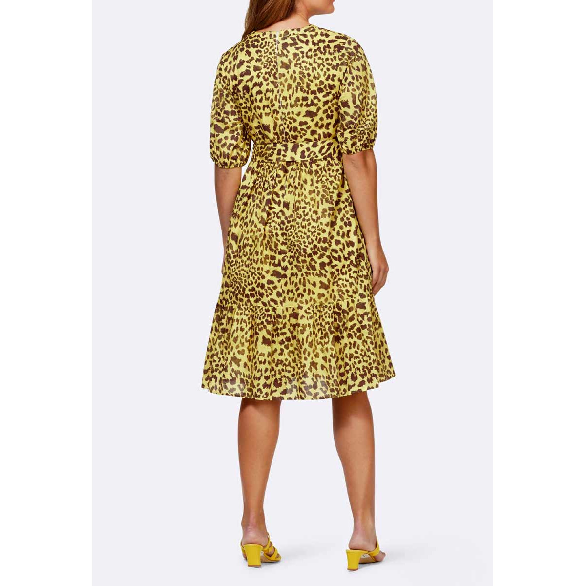 Designer-Druckkleid m. Gürtel limone-braun