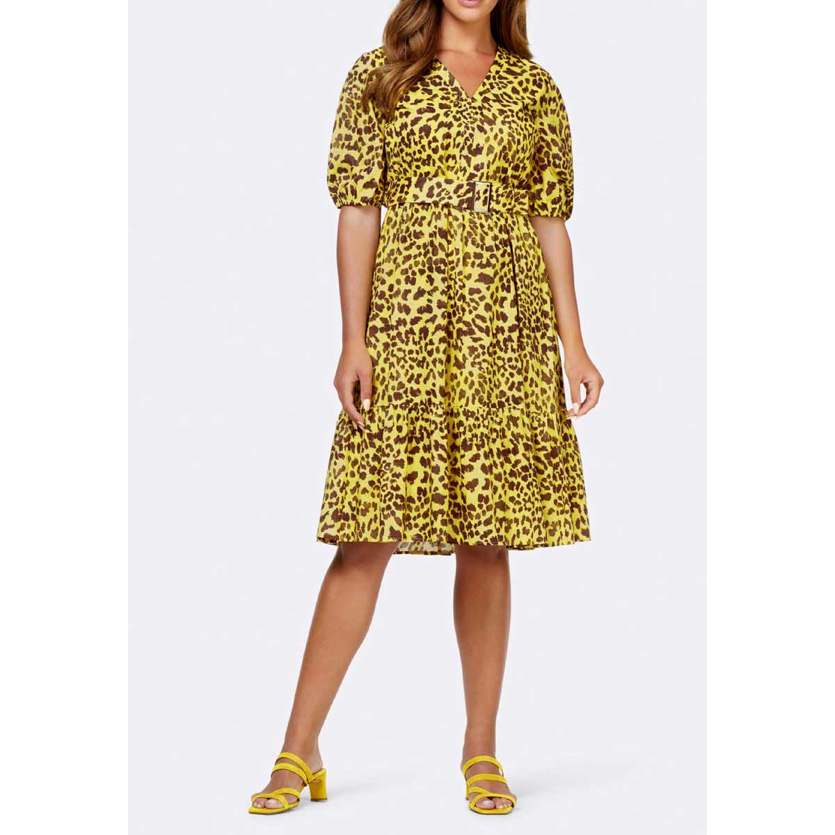 Designer-Druckkleid m. Gürtel limone-braun