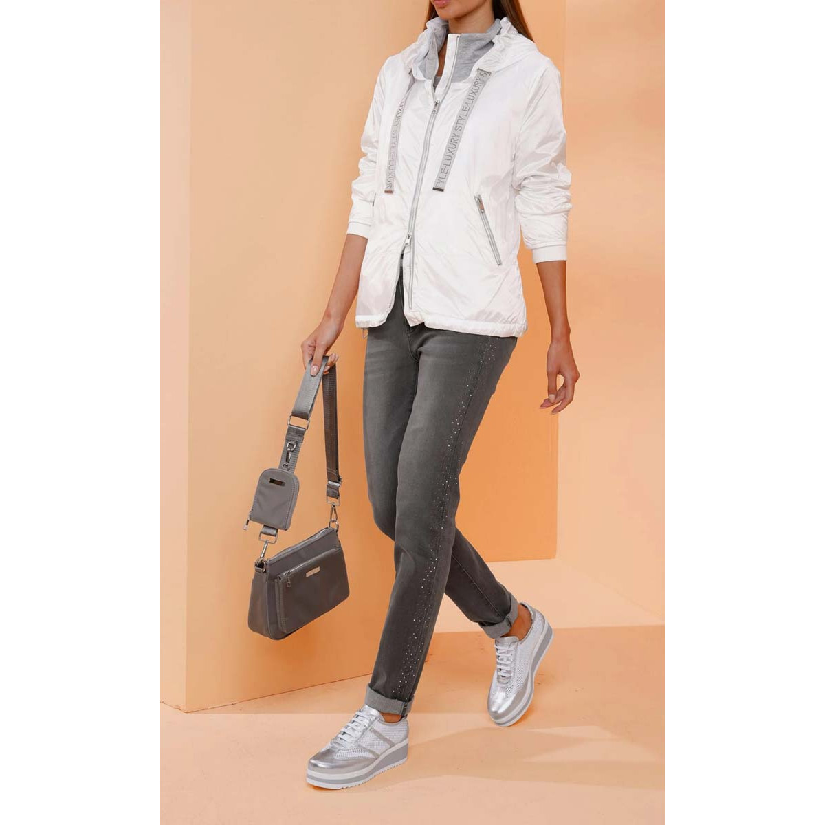 Designer-Kapuzenjacke weiß-grau