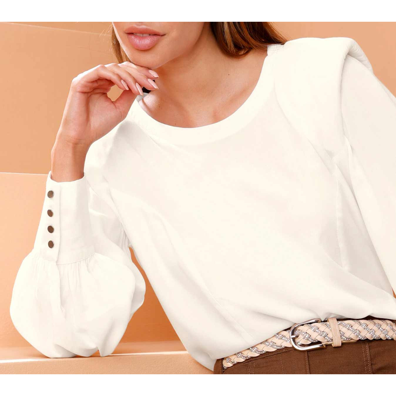Designer-Bluse m. Schulterpolstern ecru