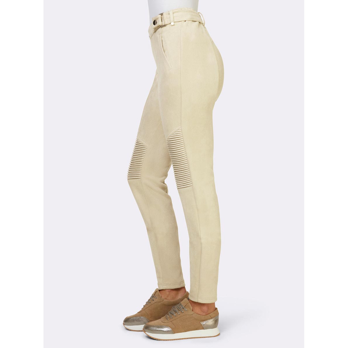 Designer-Velourslederimitat-Hose im Biker-Stil sand