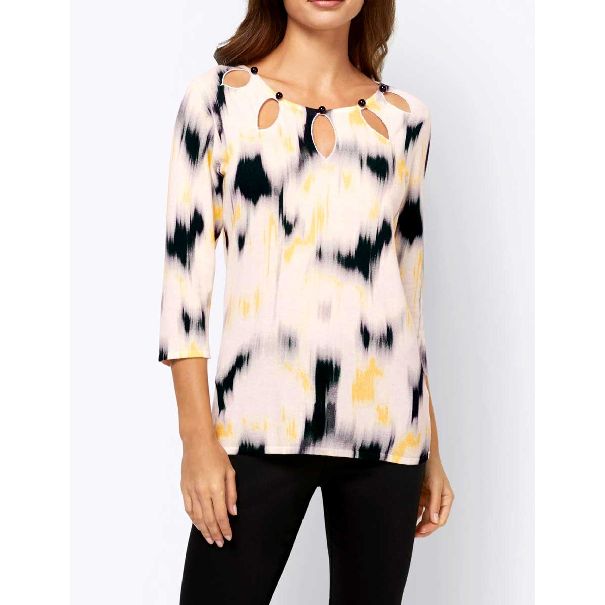 Designer-Pullover m. Cut-Outs ecru-zitrone