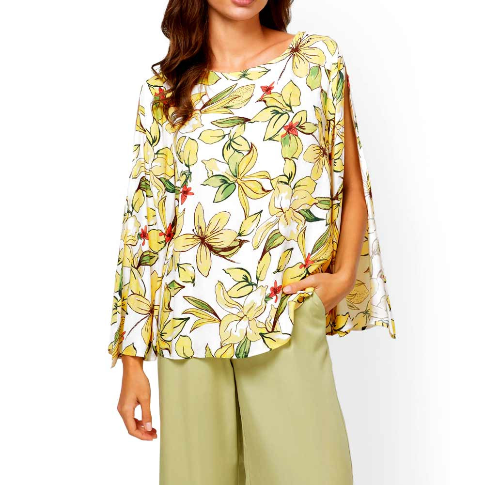Designer-Druckbluse ecru-zitrone