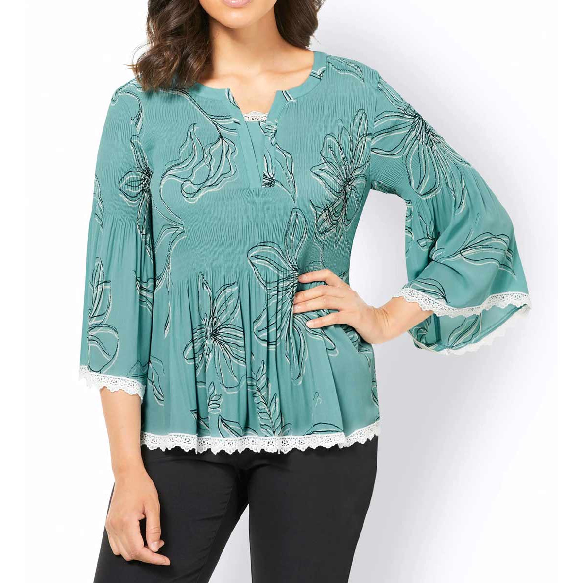 Druckbluse m. Spitze salbei-bedruckt