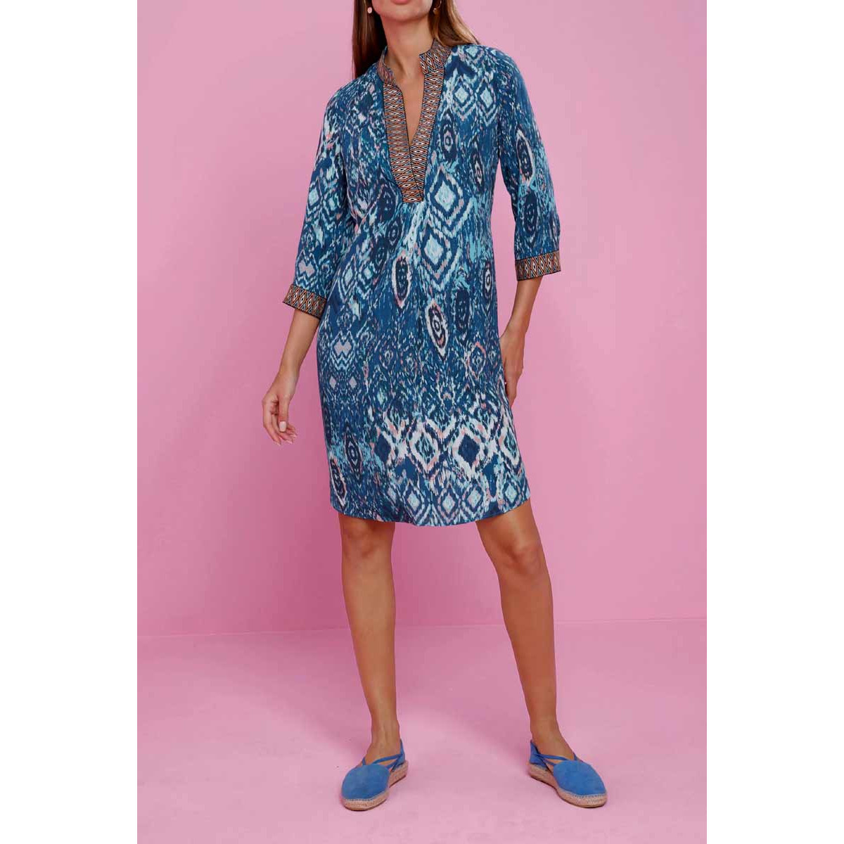 Designer-Druckkleid dunkelblau-aquamarin