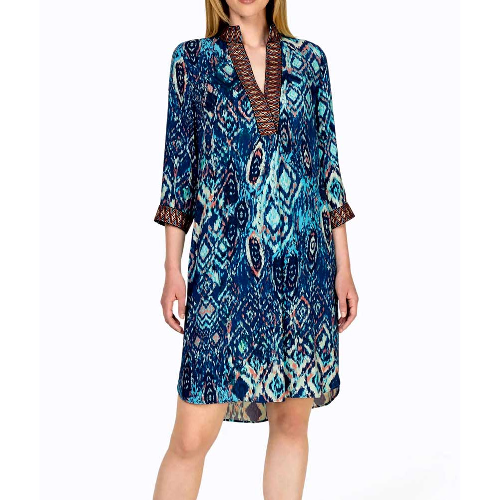 Designer-Druckkleid dunkelblau-aquamarin