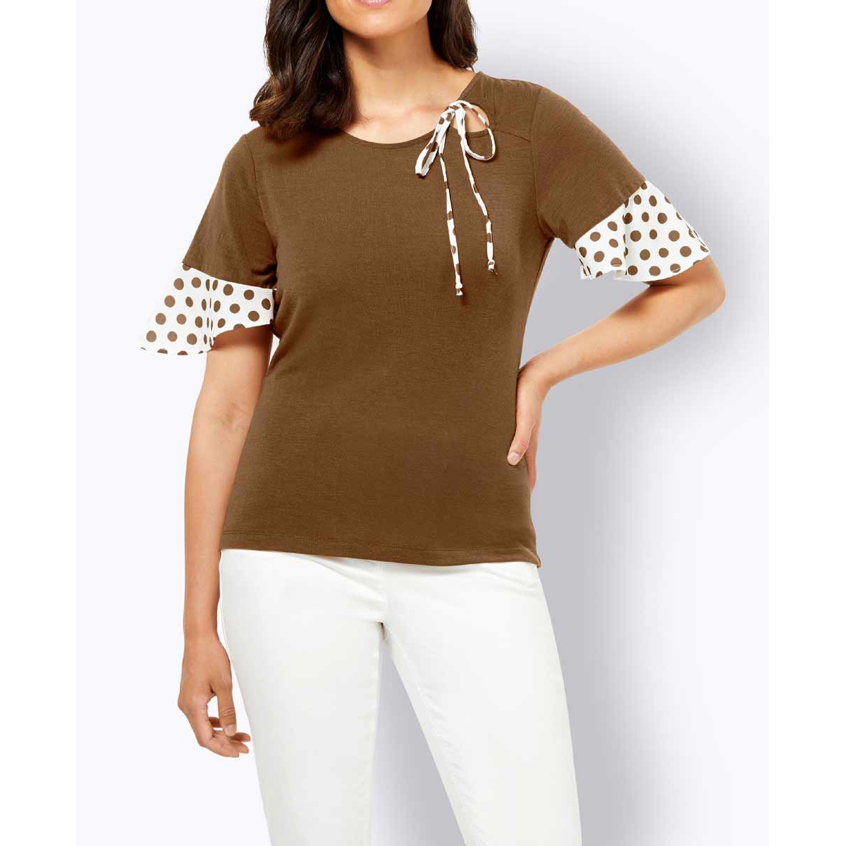 Jerseyshirt m. Volants toffee-ecru