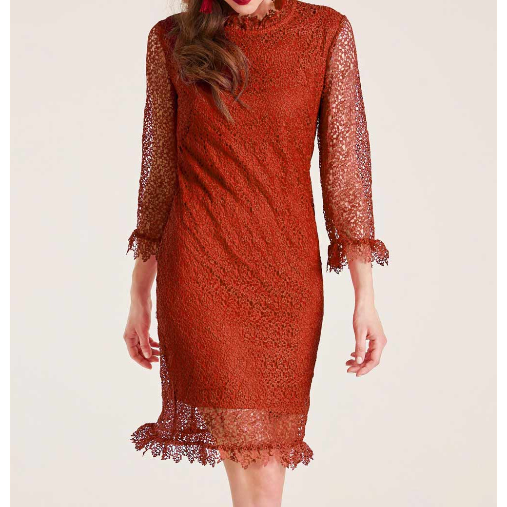 Designer-Häkelspitzenkleid m. Rüschen ziegelrot