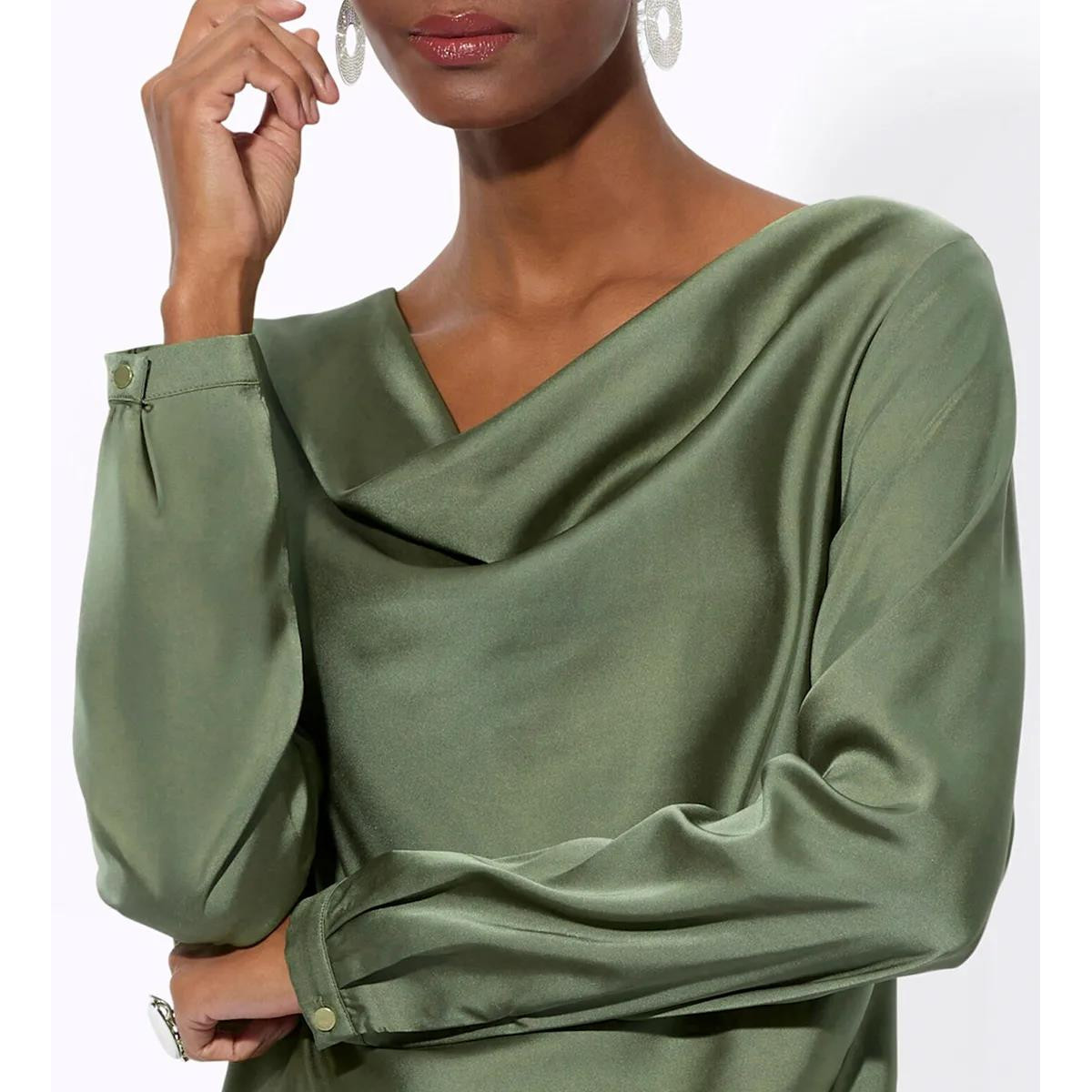 Satinbluse m. Wasserfall-Ausschnitt khaki