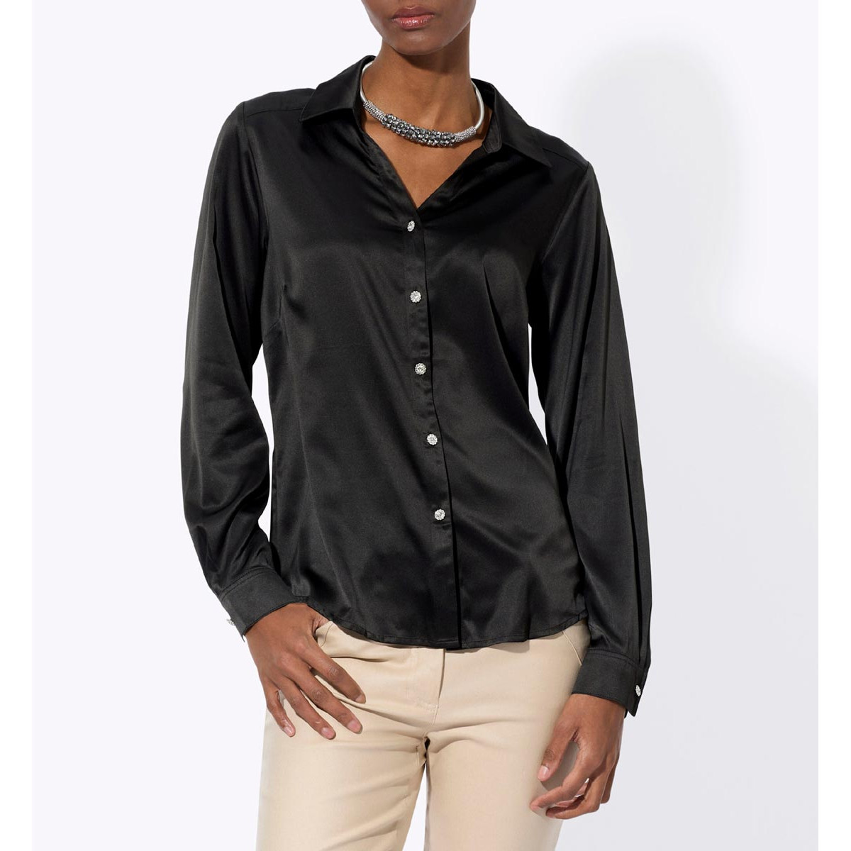 Satinbluse m. Schmuckknöpfen schwarz
