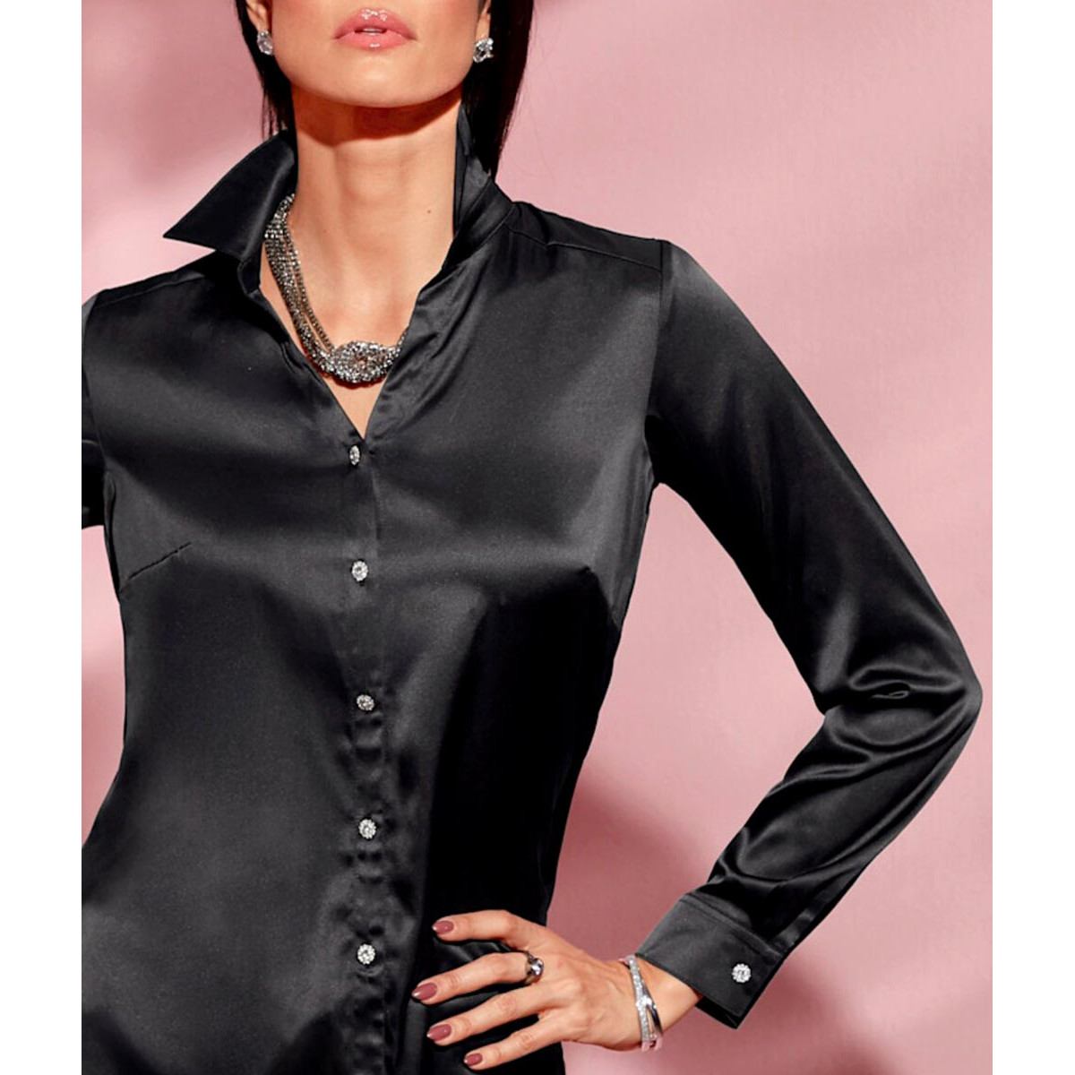 Satinbluse m. Schmuckknöpfen schwarz