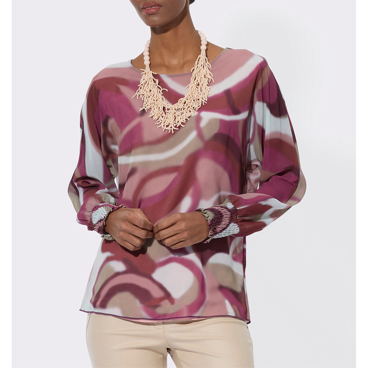 Georgettebluse m. eingenähtem Jersey-Top ecru-erika-bedruckt