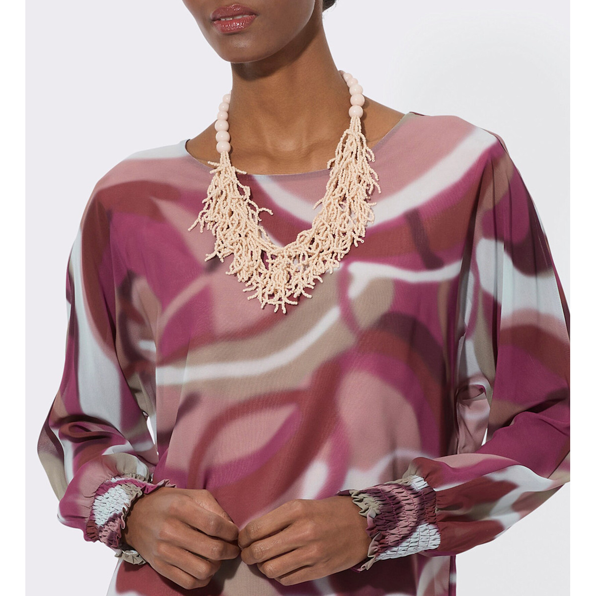 Georgettebluse m. eingenähtem Jersey-Top ecru-erika-bedruckt
