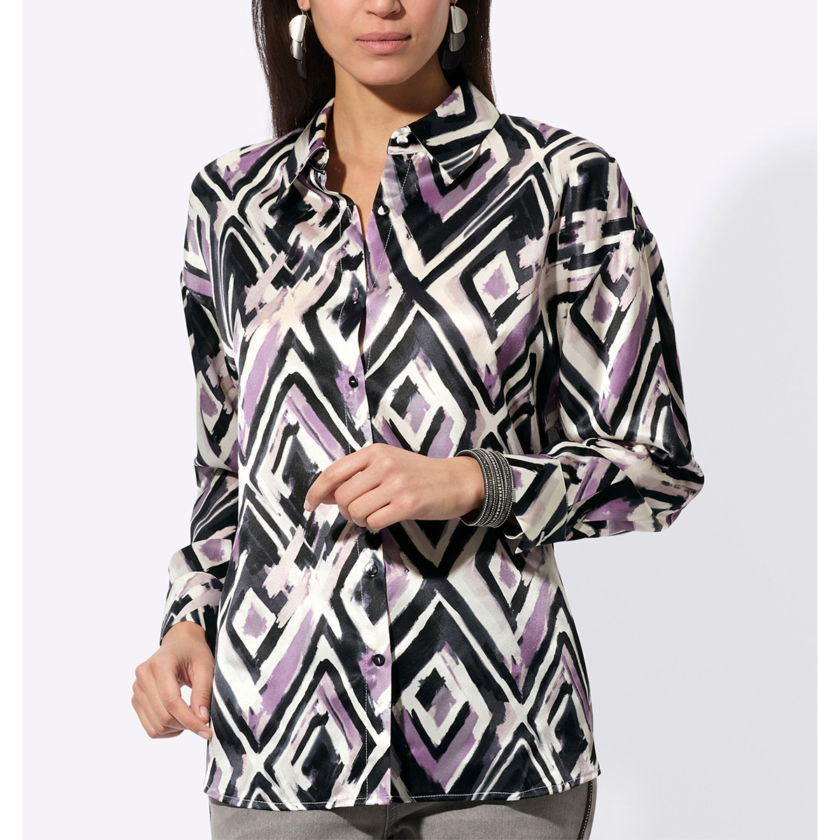 Seiden-Druckbluse ecru-graphit