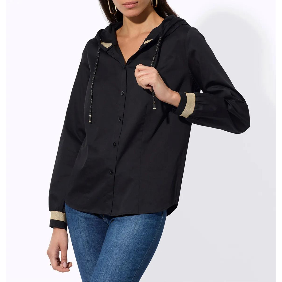 Bluse m. Zierband und Kapuze schwarz