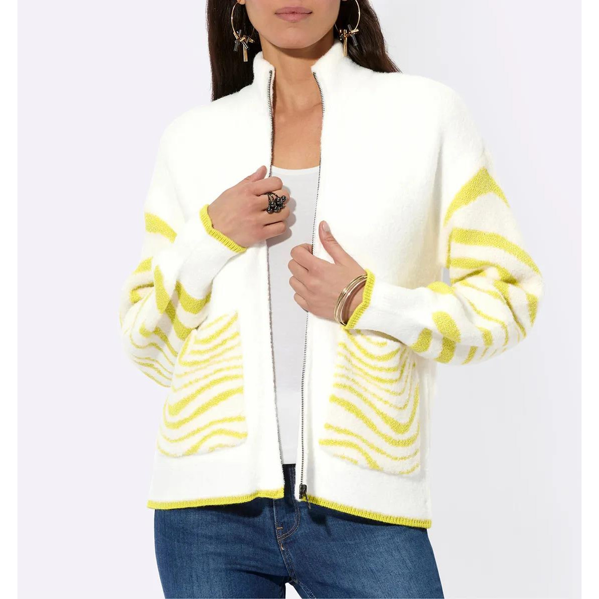Jacquardstrickjacke ecru-limone