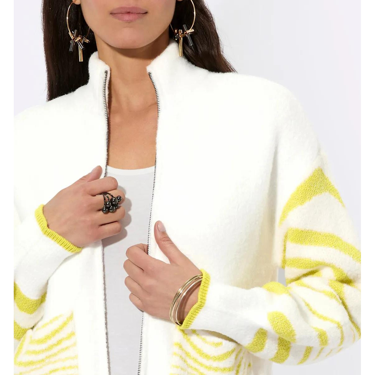 Jacquardstrickjacke ecru-limone