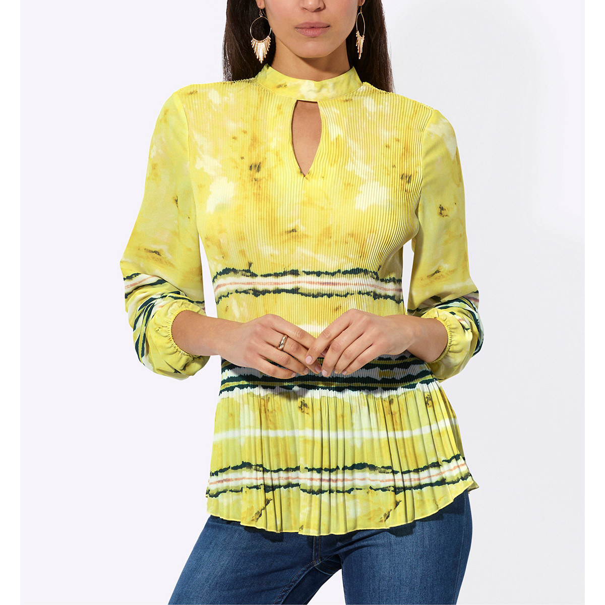 Plissee-Bluse limone-ecru-bedruckt