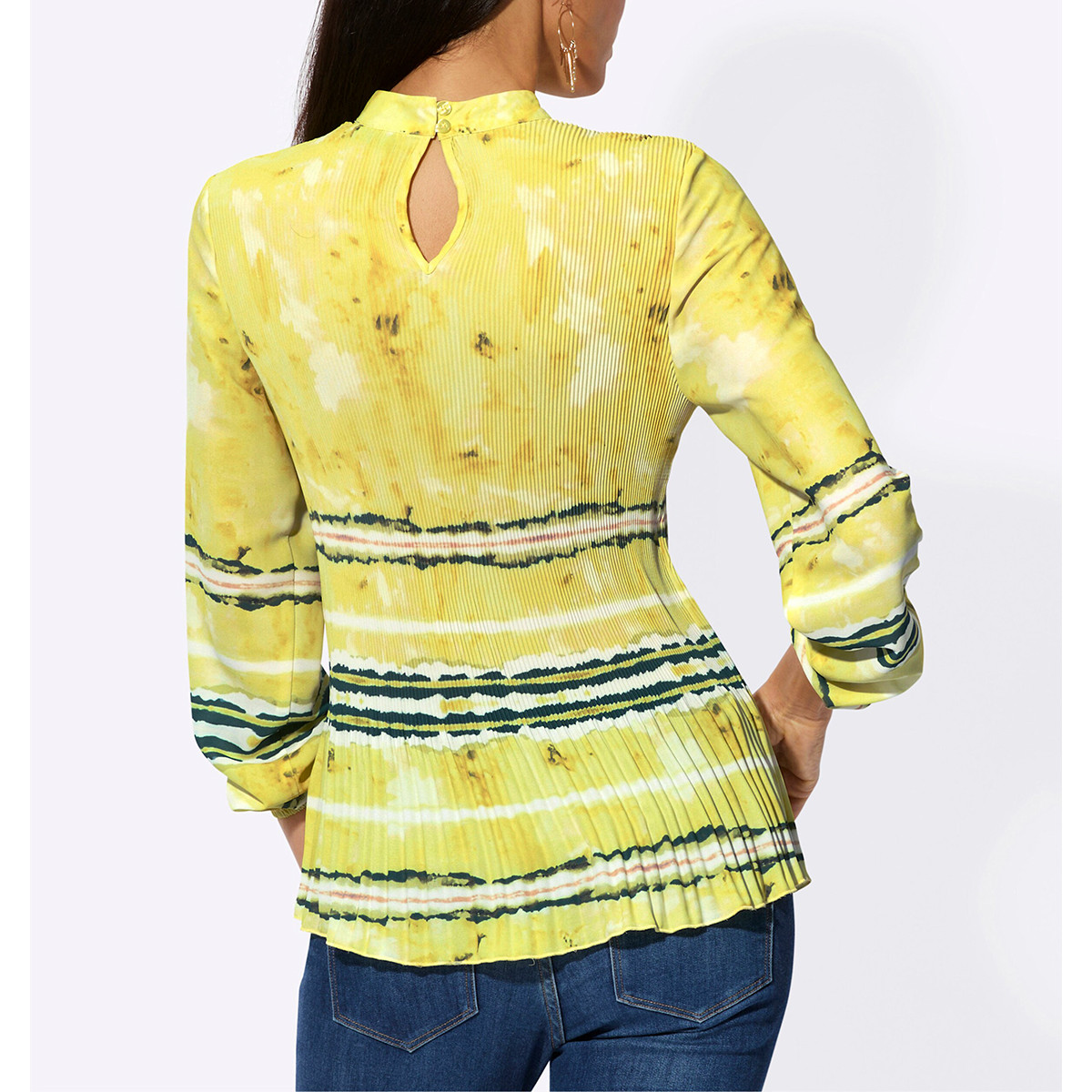 Plissee-Bluse limone-ecru-bedruckt
