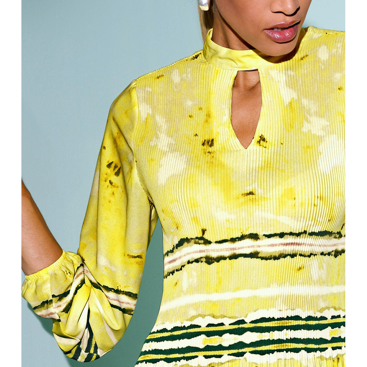 Plissee-Bluse limone-ecru-bedruckt