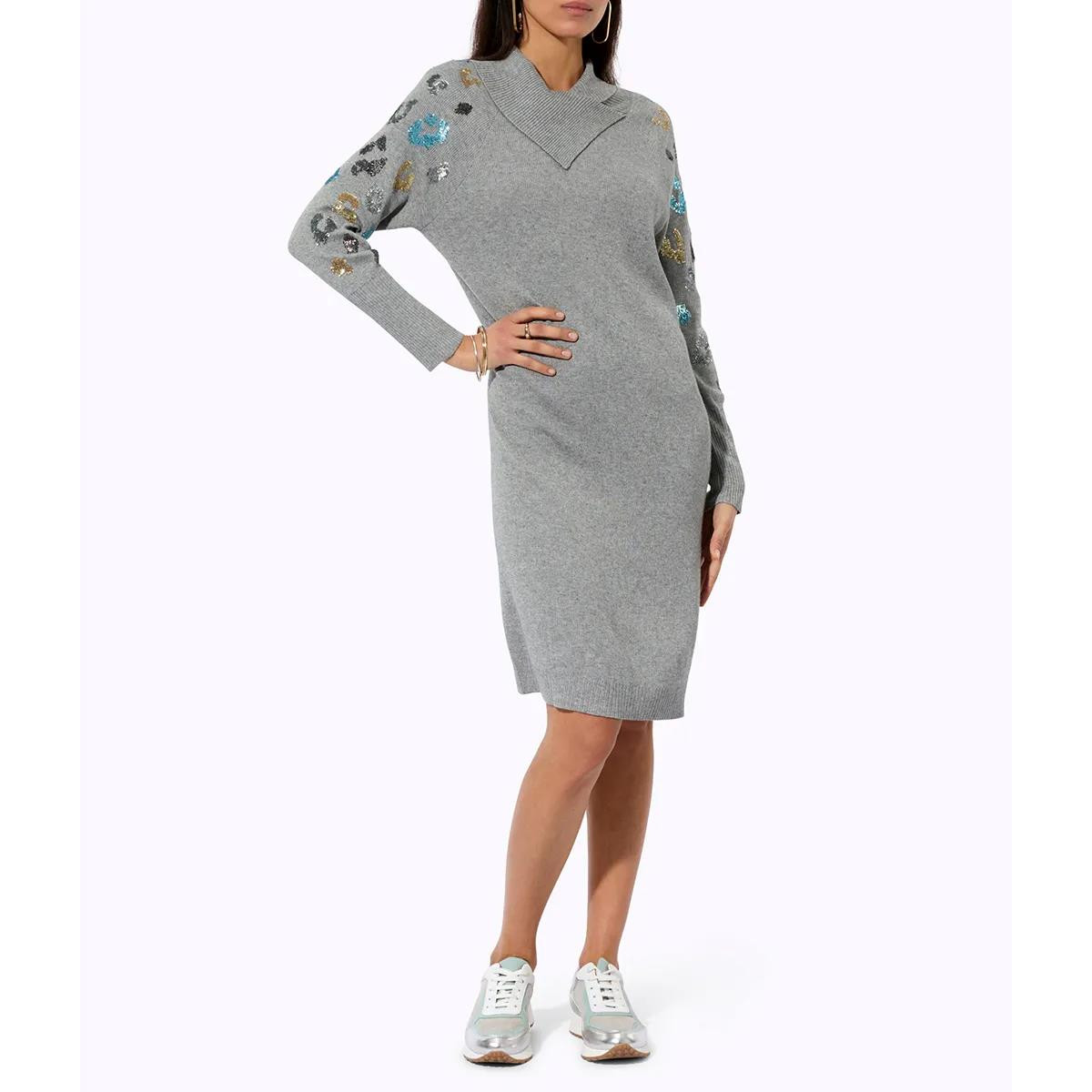 Strickkleid m.Pailletten steingrau-meliert